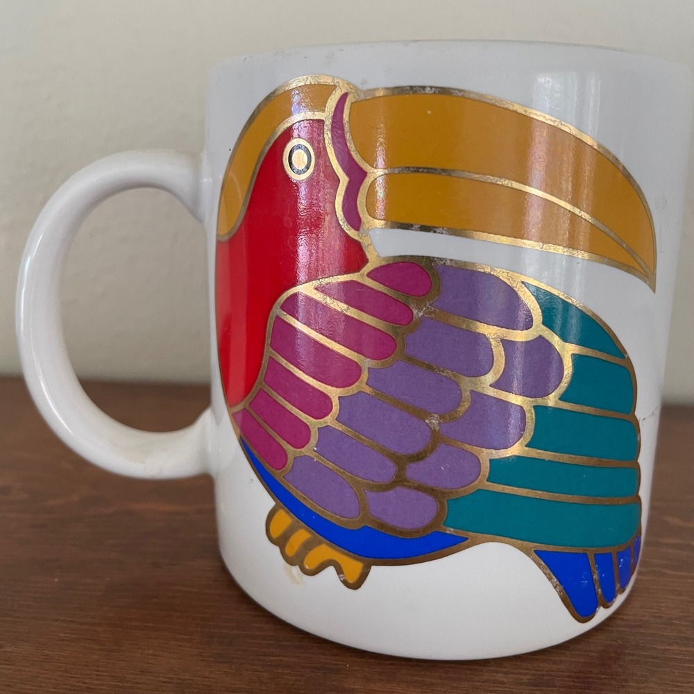VTG Laurel Burch Toco Toucans Coffee Mug Cup 1990's Tropical Bird Gold Accent